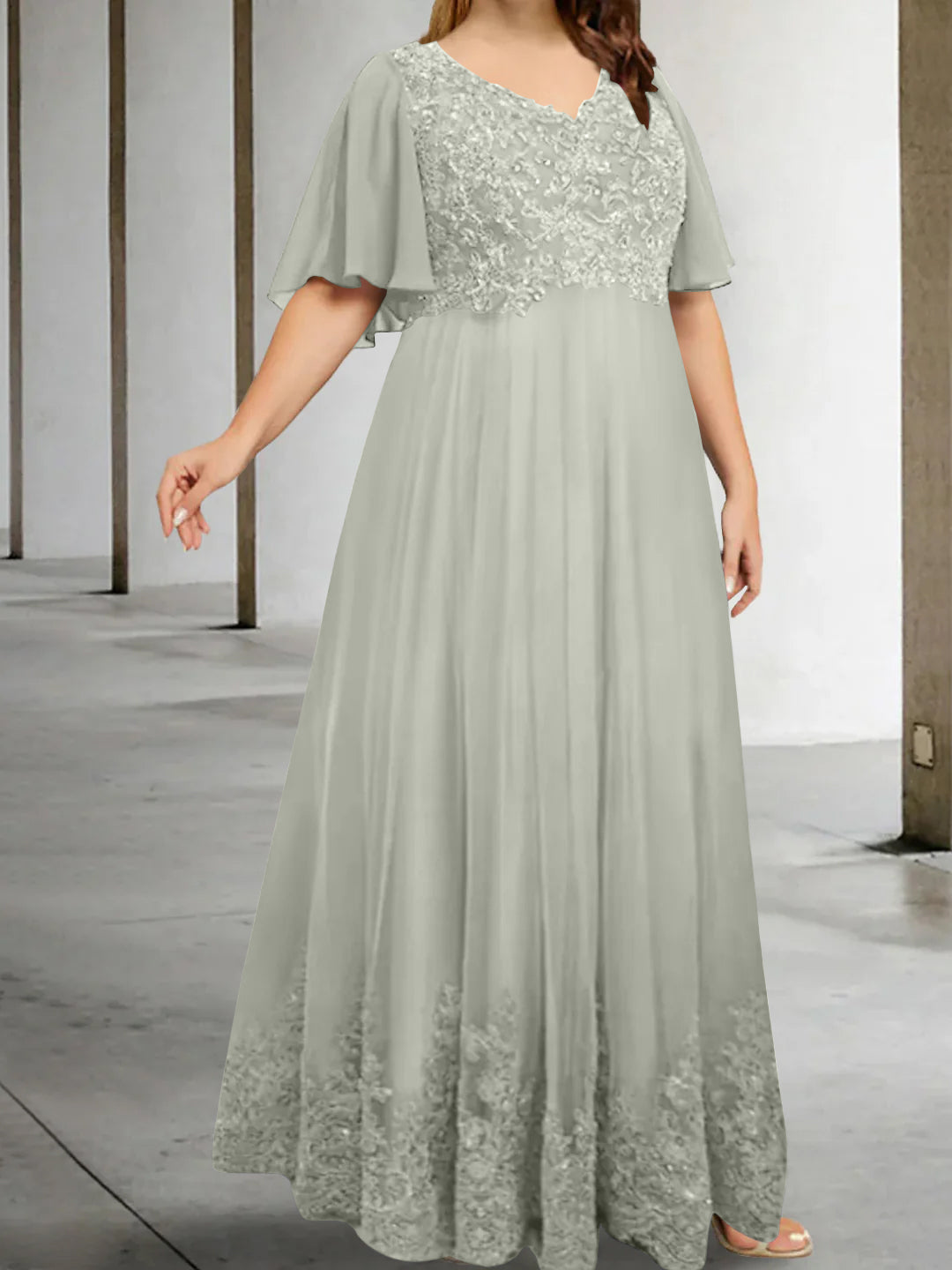 Plus Size V-Neck A-Line Floor-Length Mother of the Bride Appliques Half Sleeves