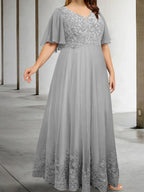 Plus Size V-Neck A-Line Floor-Length Mother of the Bride Appliques Half Sleeves