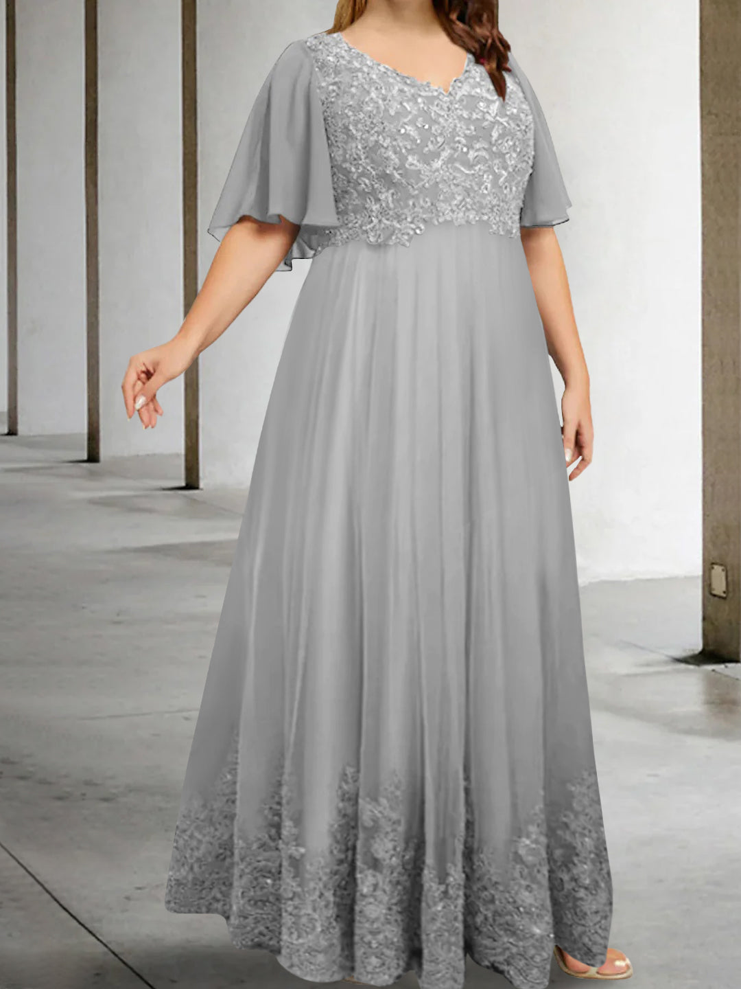 Plus Size V-Neck A-Line Floor-Length Mother of the Bride Appliques Half Sleeves