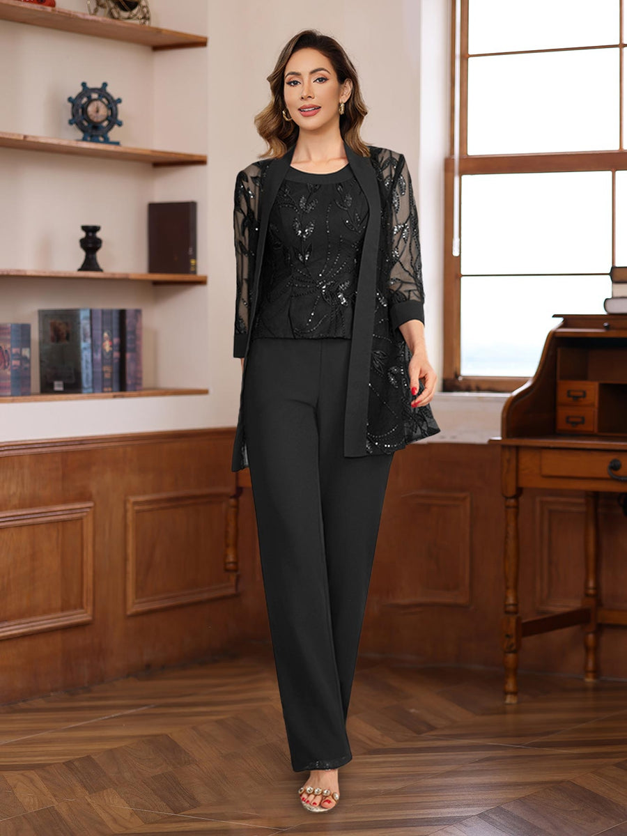 3 Piece Floor Length Chiffon Sequin Pantsuit for Mother of the Bride