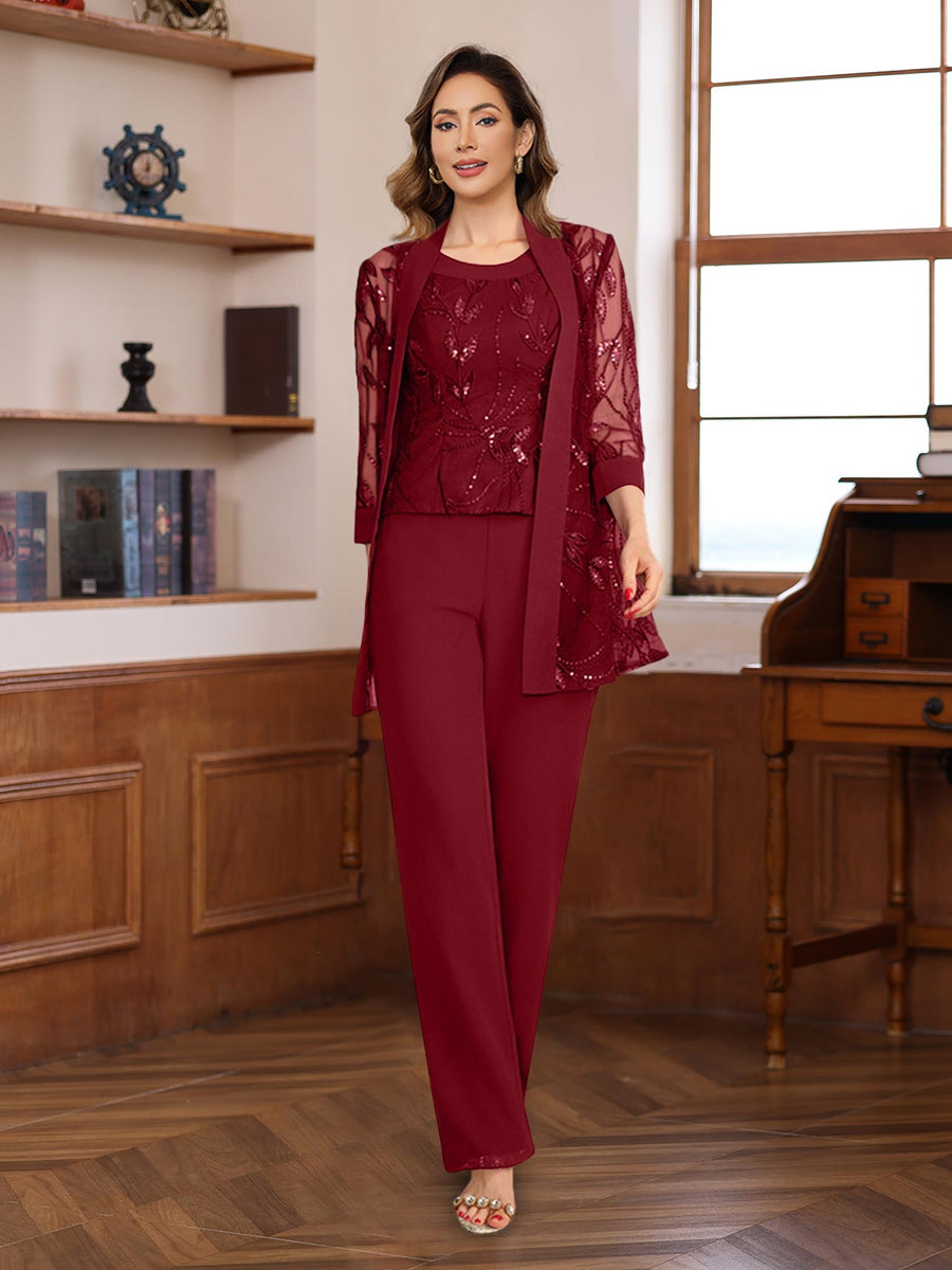 3 Piece Floor Length Chiffon Sequin Pantsuit for Mother of the Bride