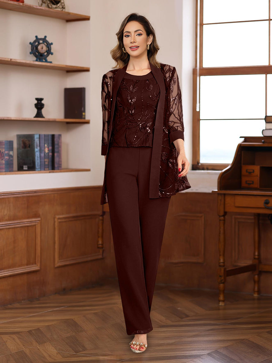 3 Piece Floor Length Chiffon Sequin Pantsuit for Mother of the Bride