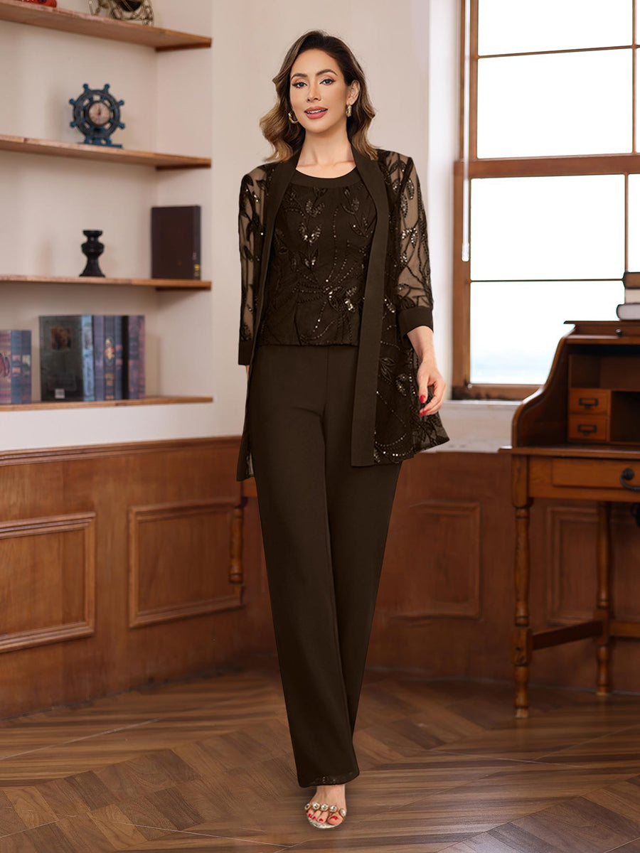 3 Piece Floor Length Chiffon Sequin Pantsuit for Mother of the Bride
