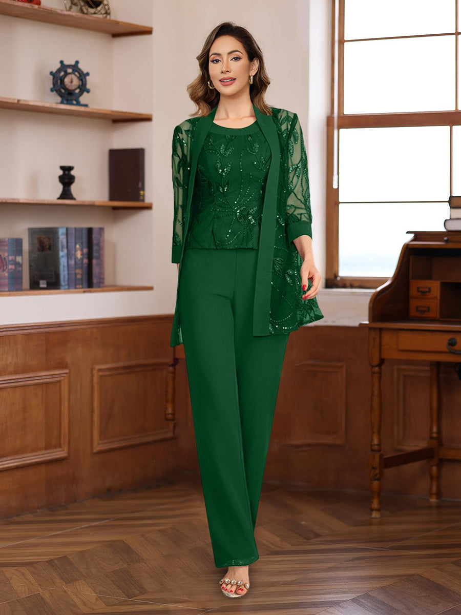 3 Piece Floor Length Chiffon Sequin Pantsuit for Mother of the Bride