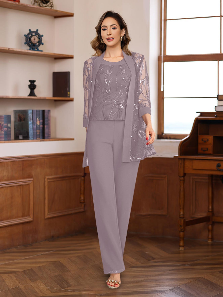 3 Piece Floor Length Chiffon Sequin Pantsuit for Mother of the Bride