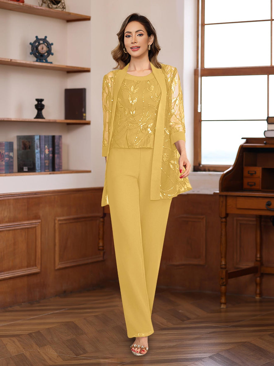 3 Piece Floor Length Chiffon Sequin Pantsuit for Mother of the Bride