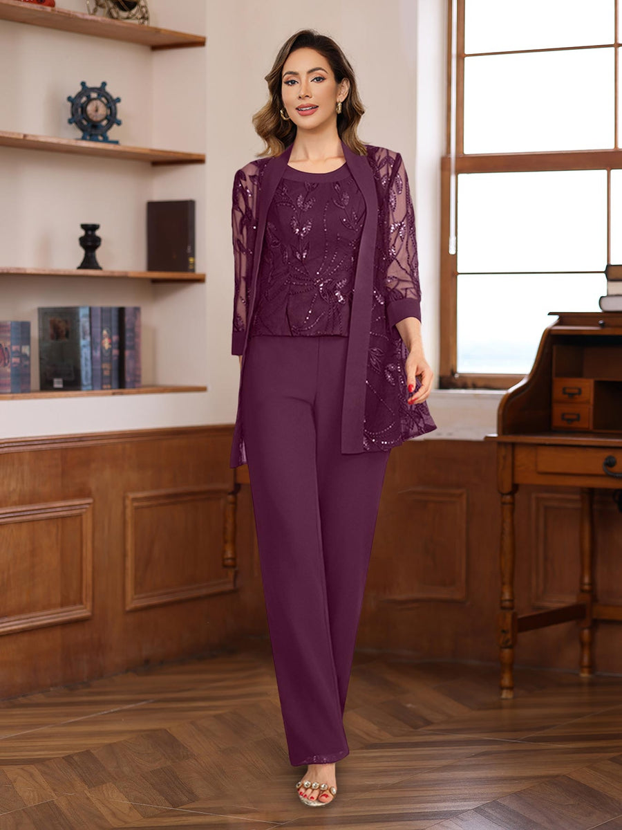 3 Piece Floor Length Chiffon Sequin Pantsuit for Mother of the Bride