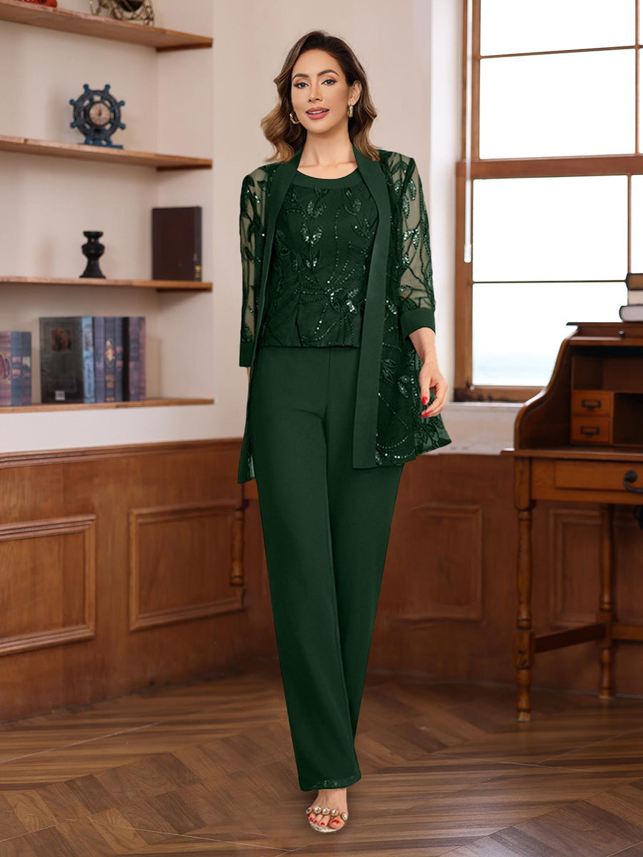 3 Piece Floor Length Chiffon Sequin Pantsuit for Mother of the Bride