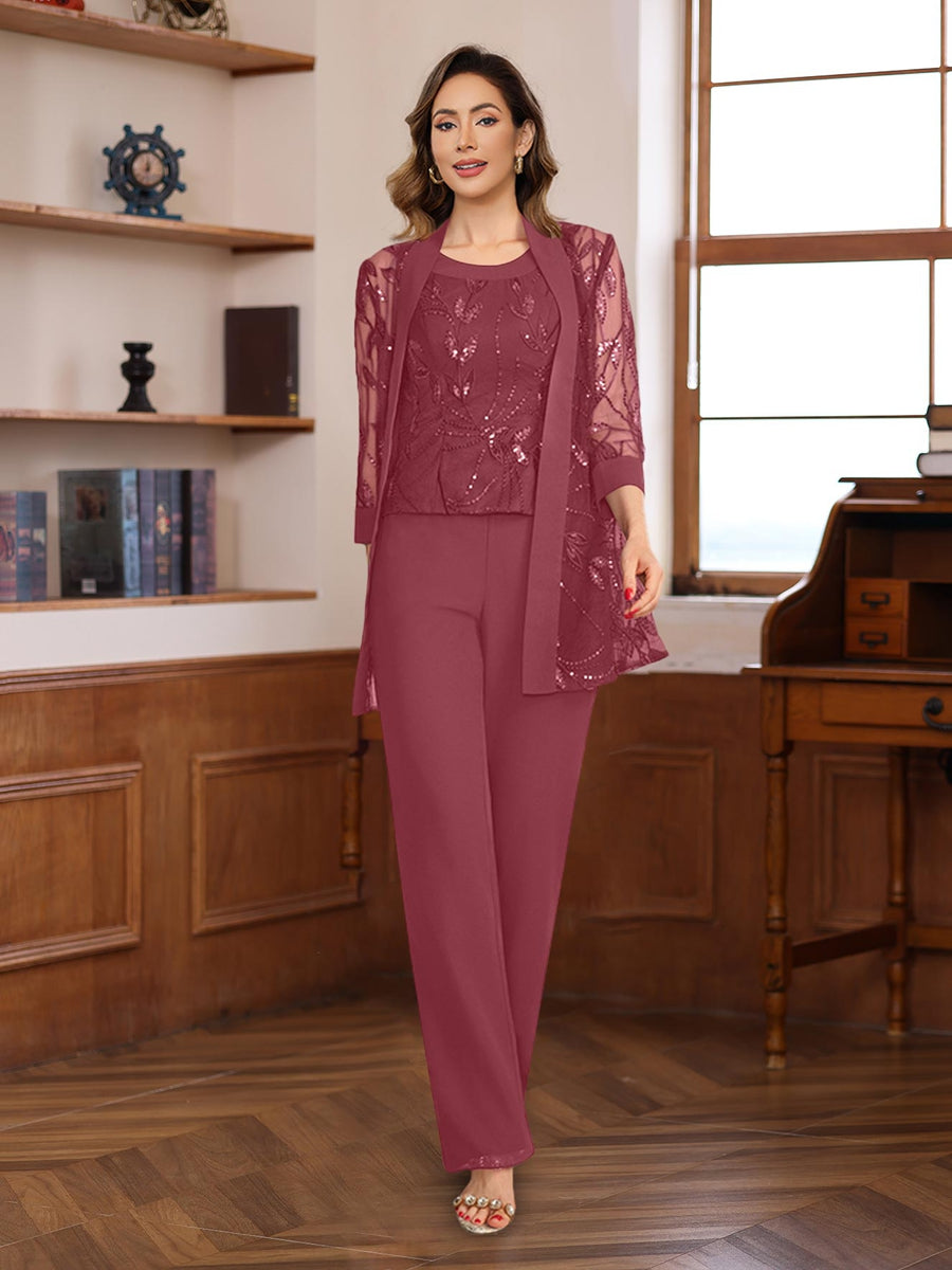3 Piece Floor Length Chiffon Sequin Pantsuit for Mother of the Bride