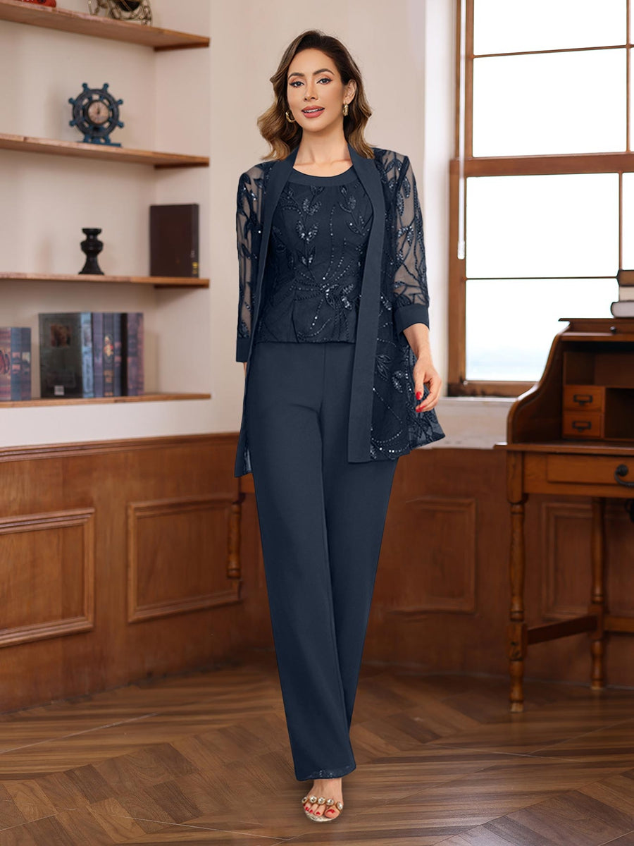 3 Piece Floor Length Chiffon Sequin Pantsuit for Mother of the Bride
