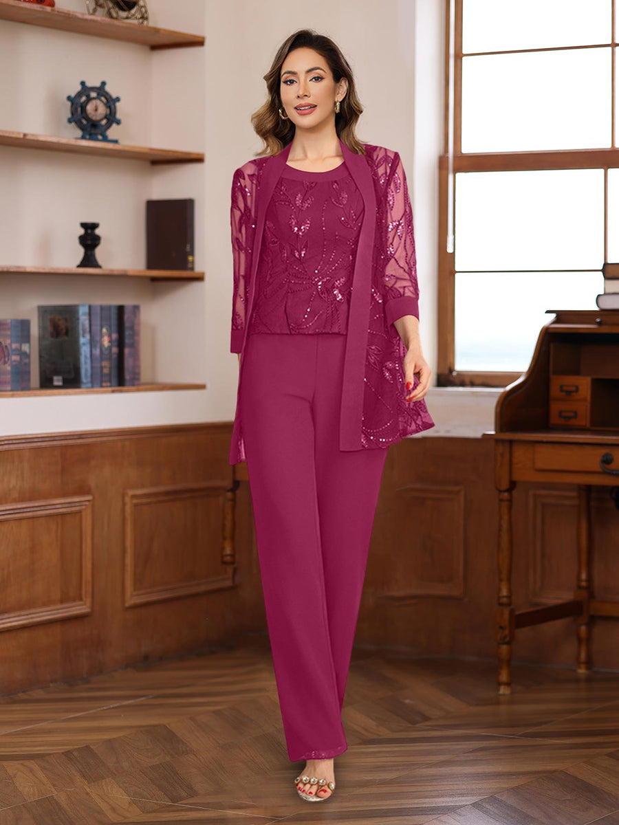 3 Piece Floor Length Chiffon Sequin Pantsuit for Mother of the Bride