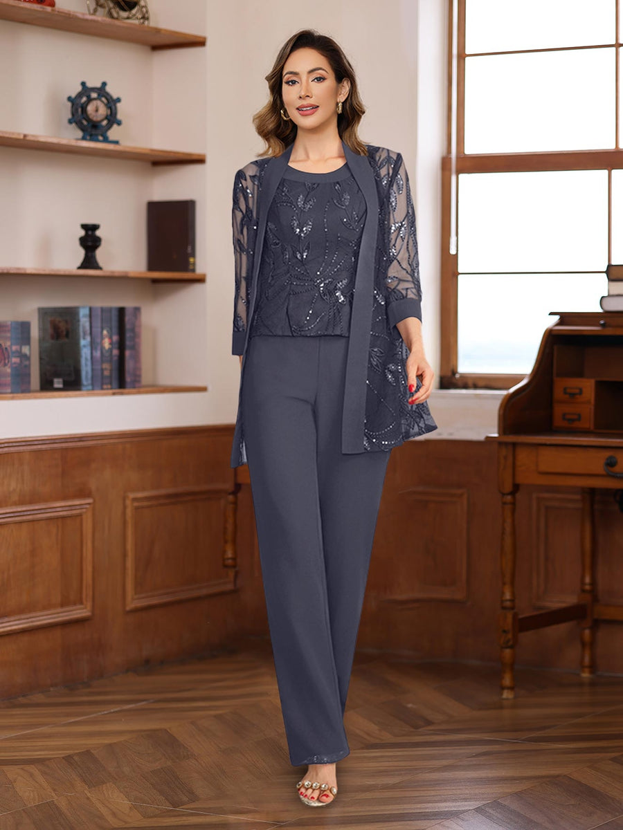 3 Piece Floor Length Chiffon Sequin Pantsuit for Mother of the Bride