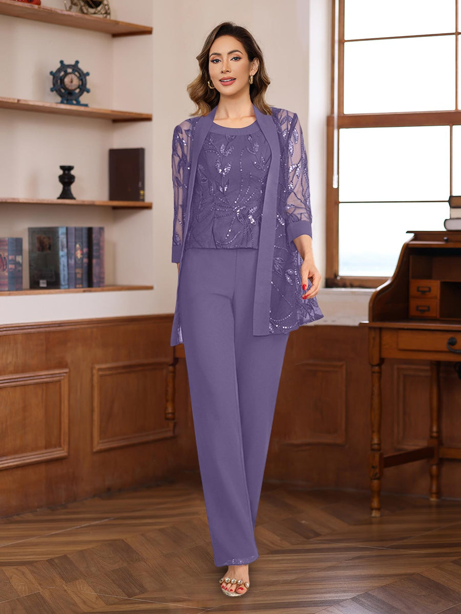 3 Piece Floor Length Chiffon Sequin Pantsuit for Mother of the Bride
