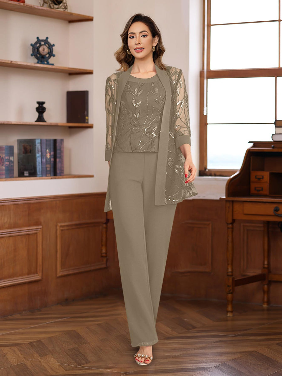 3 Piece Floor Length Chiffon Sequin Pantsuit for Mother of the Bride