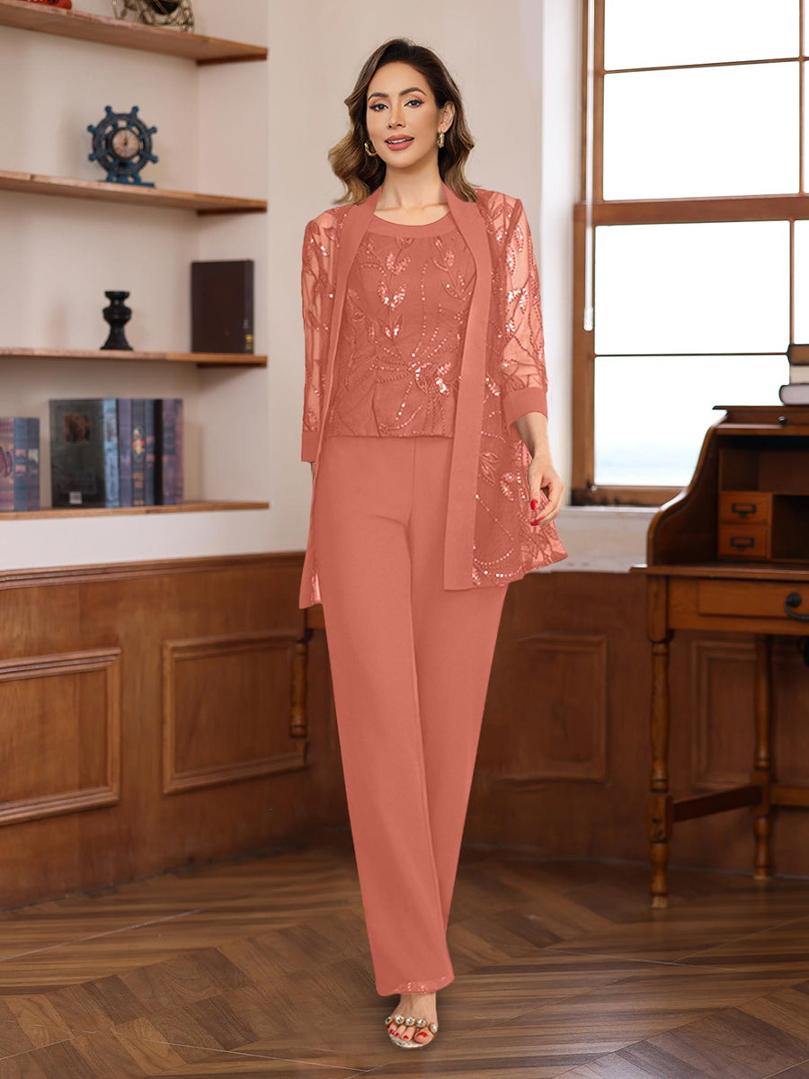 3 Piece Floor Length Chiffon Sequin Pantsuit for Mother of the Bride