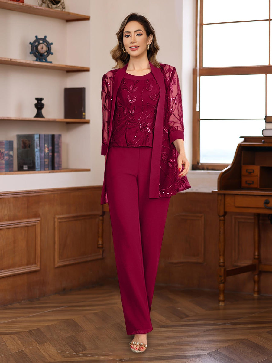 3 Piece Floor Length Chiffon Sequin Pantsuit for Mother of the Bride
