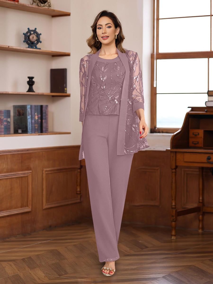 3 Piece Floor Length Chiffon Sequin Pantsuit for Mother of the Bride