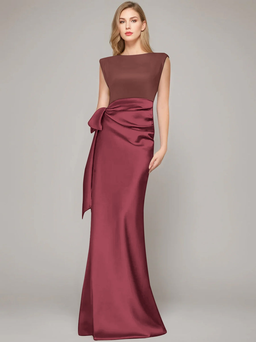 Floor Length Sleeveless Mother Of The Bride Dress With Bow And Shoulder Pad