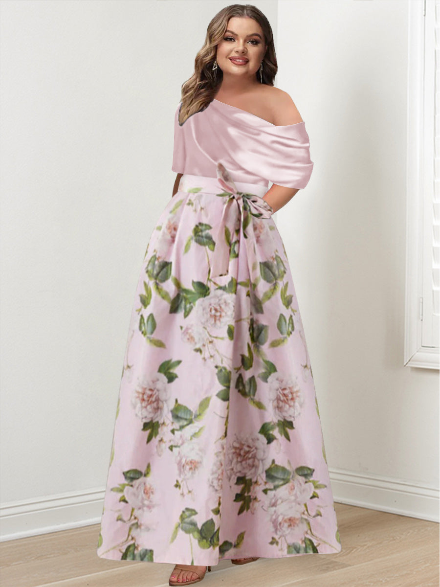 Plus Size Printed Flower Mother Of The Bride Dress One Shoulder Bow Belt A Line
