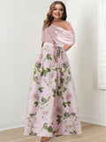 Plus Size Printed Flower Mother Of The Bride Dress One Shoulder Bow Belt A Line