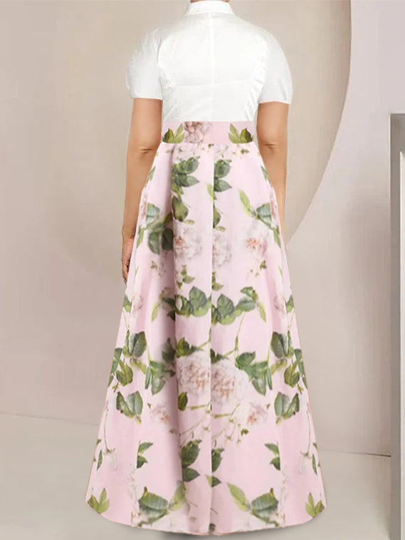 Plus Size Floral Short Sleeve Mother Of The Bride Dress With Bow Belt