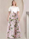Plus Size Floral Short Sleeve Mother Of The Bride Dress With Bow Belt