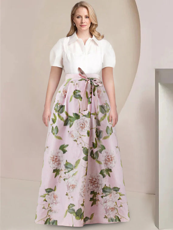 Plus Size Floral Short Sleeve Mother Of The Bride Dress With Bow Belt