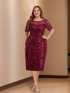 Plus Size Tea Length Mother of the Bride Dress With Scoop Neck and Half Sleeves