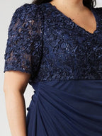 V Neck Short Sleeve Plus Size Mother Of The Bride Dress With Sequins And Ruches