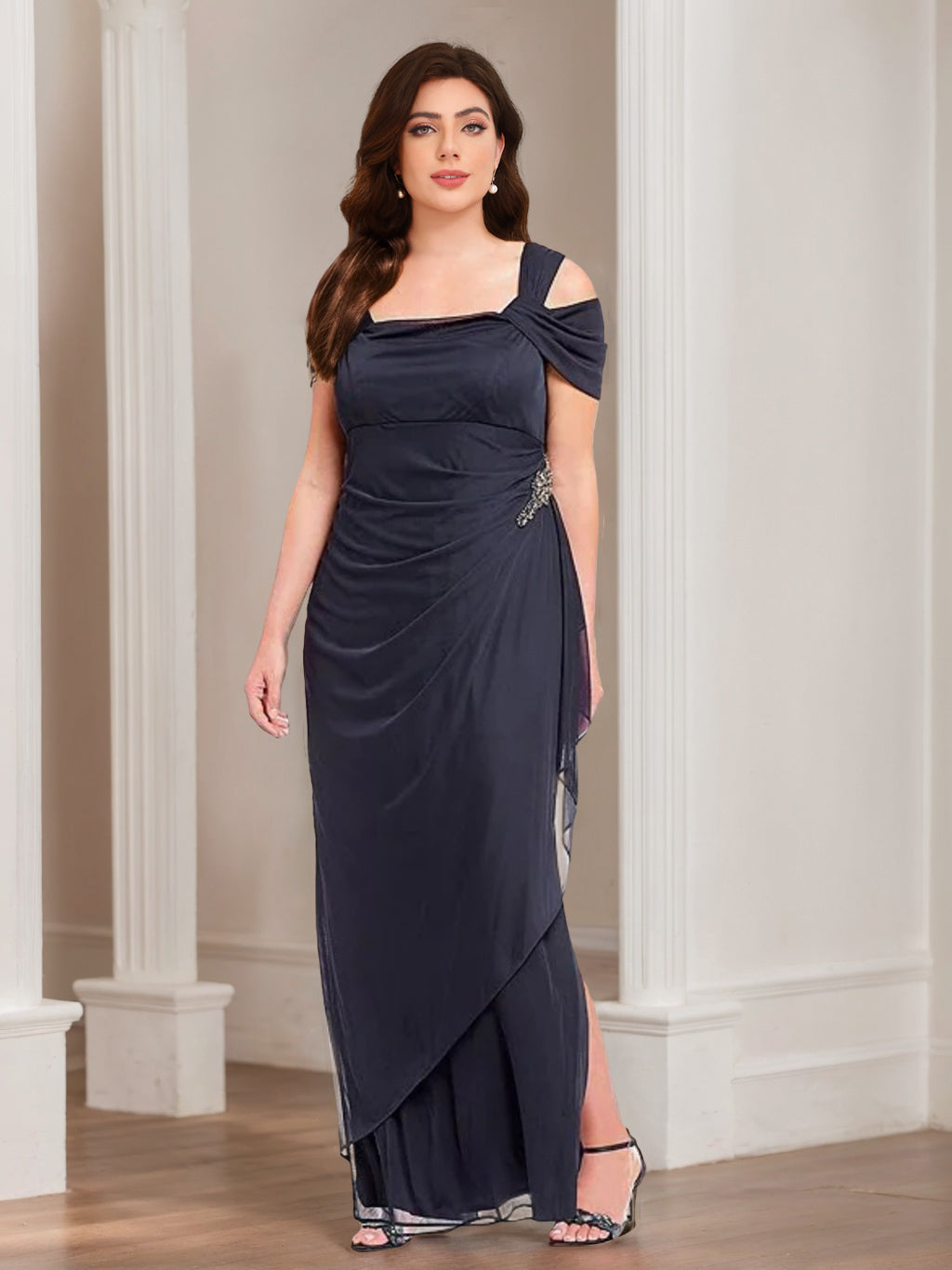 Plus Size Cold Shoulder Ankle Length Mother Of Bride Sheath Dress With Ruffles