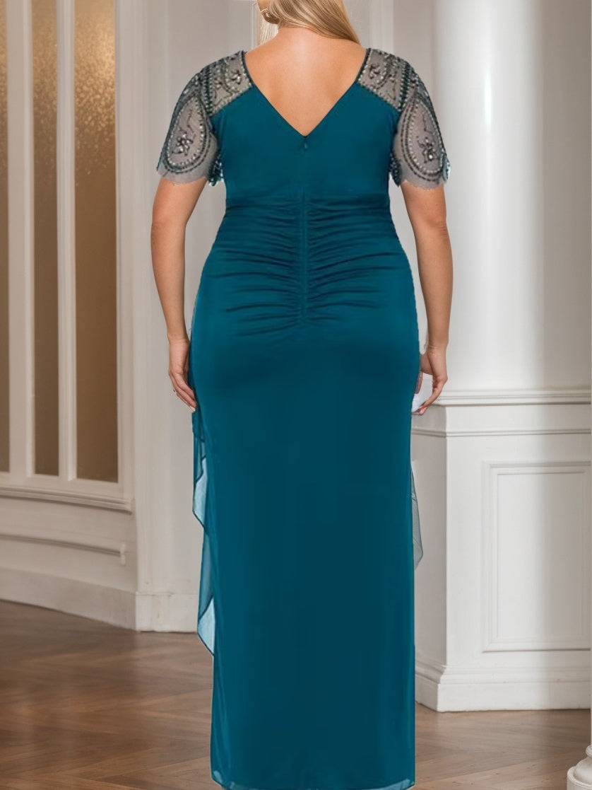V Neck Short Sleeve Beaded Lace Mother Of The Bride Sheath Dress Plus Size