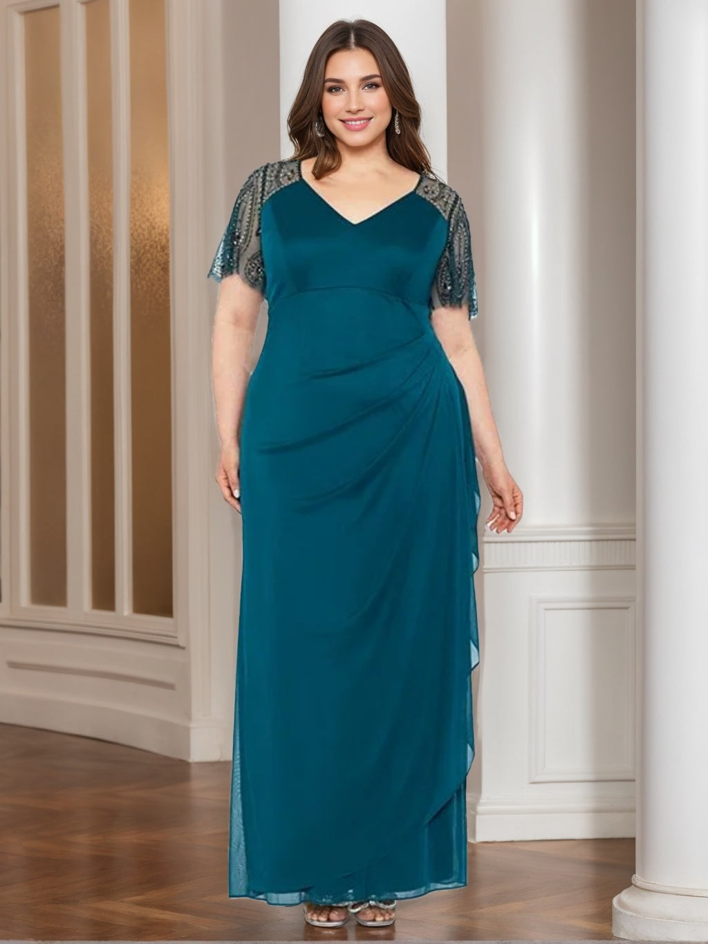 V Neck Short Sleeve Beaded Lace Mother Of The Bride Sheath Dress Plus Size