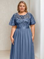Plus Size Tea Length Mother Of The Bride Dress Sequins Embroidery Round Neck