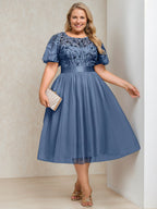 Plus Size Tea Length Mother Of The Bride Dress Sequins Embroidery Round Neck