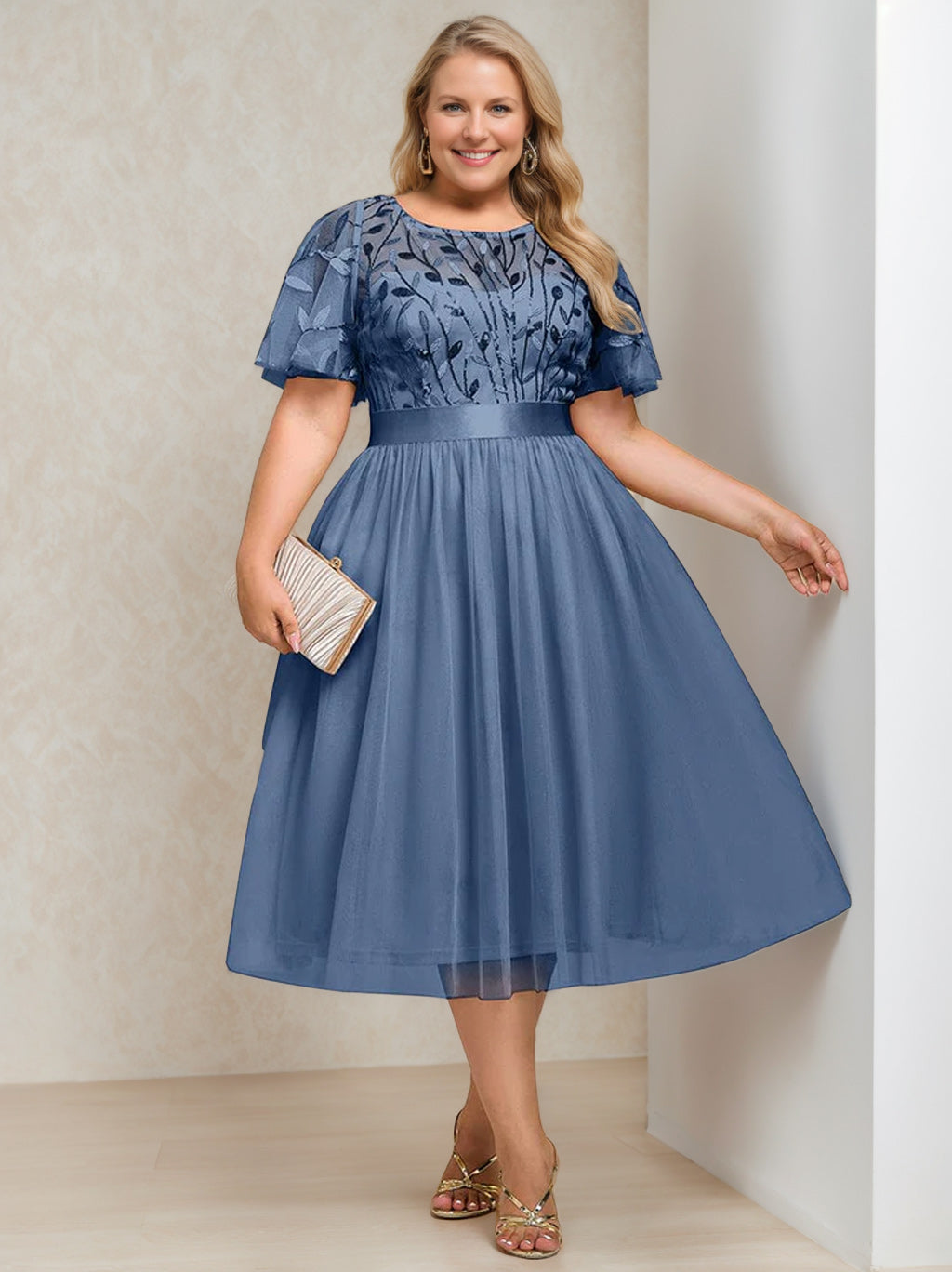 Plus Size Tea Length Mother Of The Bride Dress Sequins Embroidery Round Neck