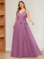V Neck Sleeveless A Line Tulle Plus Size Mother Of The Bride Dress With Ruffles