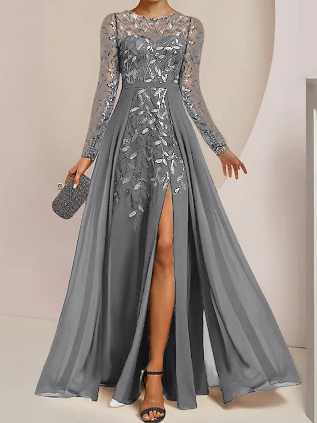 A-Line/Princess Scoop Floor-Length Mother of the Bride Dresses with Split Side Ruffles Sequins