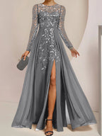 A-Line/Princess Scoop Floor-Length Mother of the Bride Dresses with Split Side Ruffles Sequins