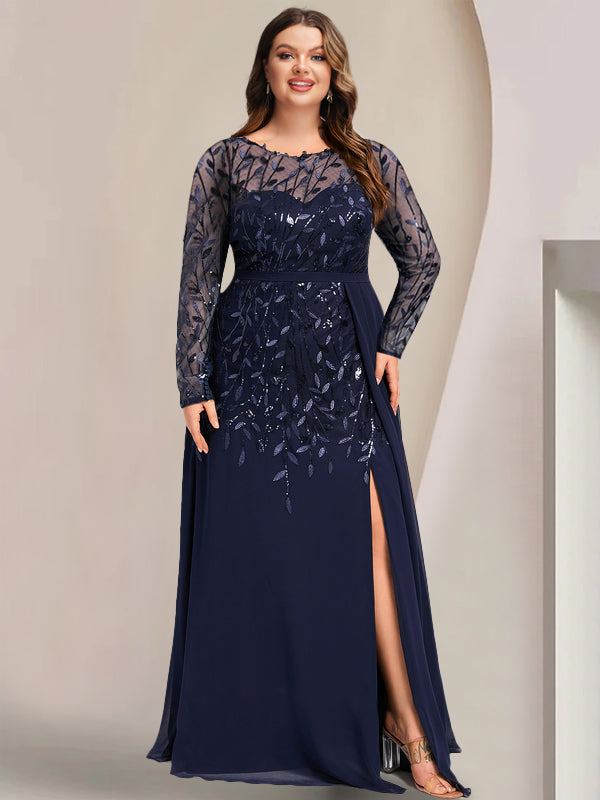 Plus Size Floor Length Mother Of The Bride Dress With Scoop Neck Long Sleeves