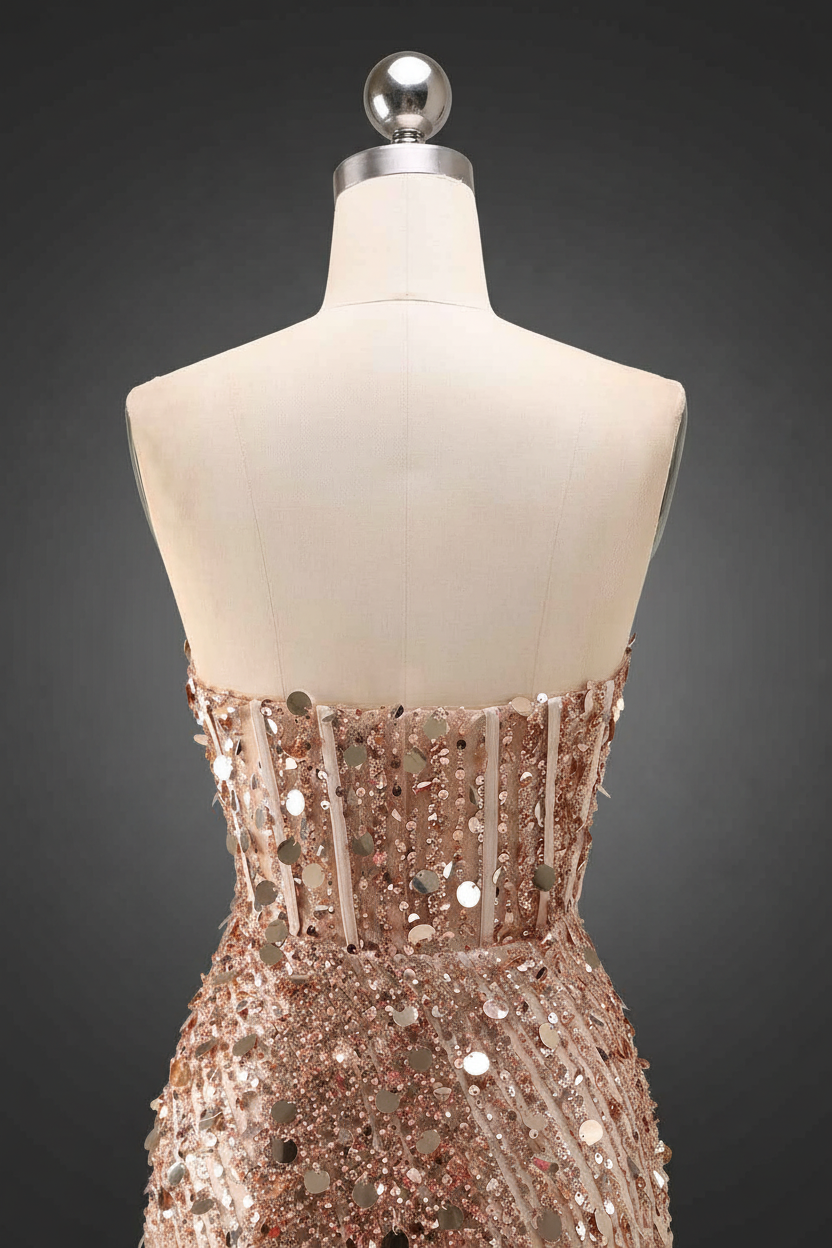 Sparkly Gold Fully Beaded Prom Dress with Deep V Neck Slit and Open Back