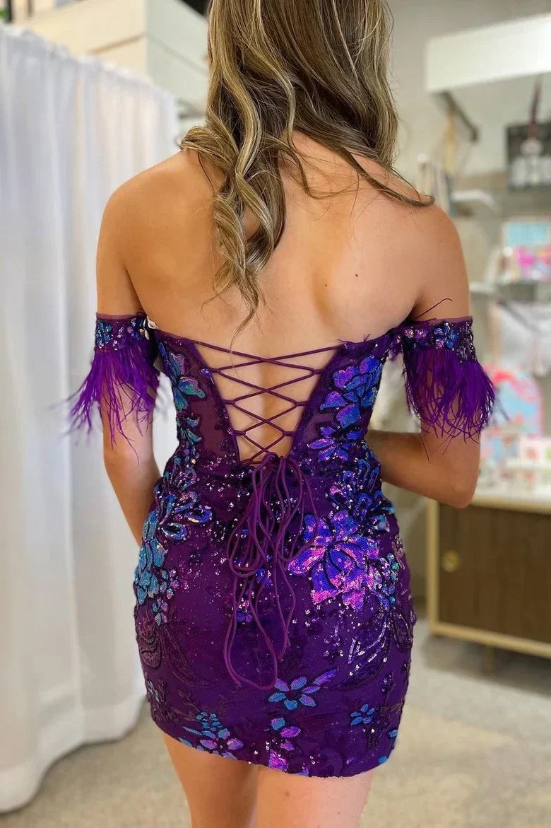  Bodycon Lace Feathers Off-the-Shoulder Short with Sequin Appliques Homecoming Dresses