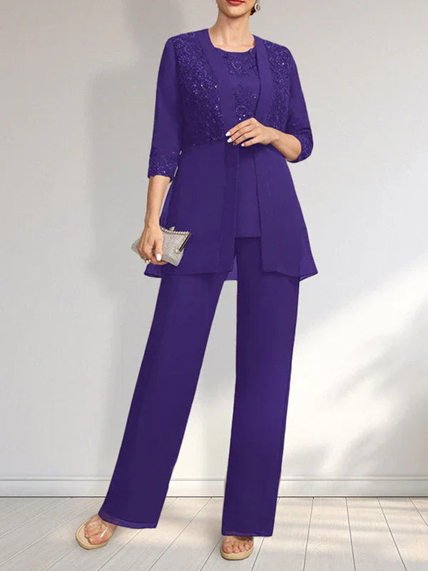 Tuta/Pantaloni Separati con Scollo a U, Lunghezza a Terra, in Chiffon e Pizzo, Abito per Madre della Sposa con Paillettes