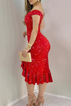 Vestido de Noite Sexy e Elegante, Liso com Lantejoulas, de Alças Finas e Bainha Natural, Decote Ombro a Ombro