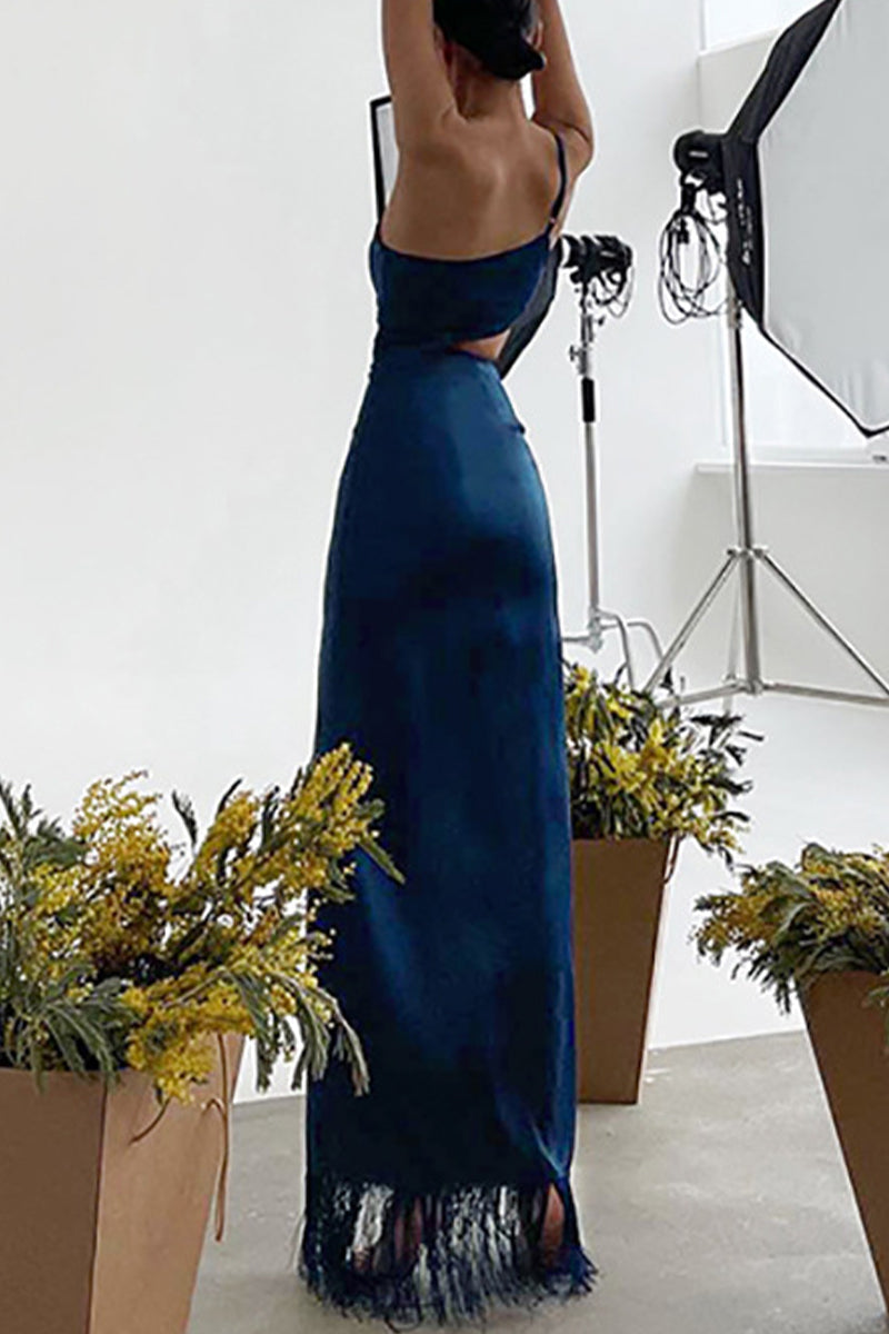 Robe de soirée asymétrique à col oblique avec franges solides pour une fête sensuelle