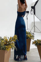 Robe de soirée asymétrique à col oblique avec franges solides pour une fête sensuelle