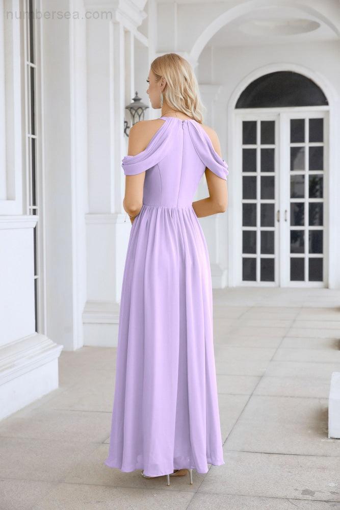 Abito da sera da damigella in chiffon con spalle scoperte, maniche a campana e spacco frontale, abito da festa nuziale 28117