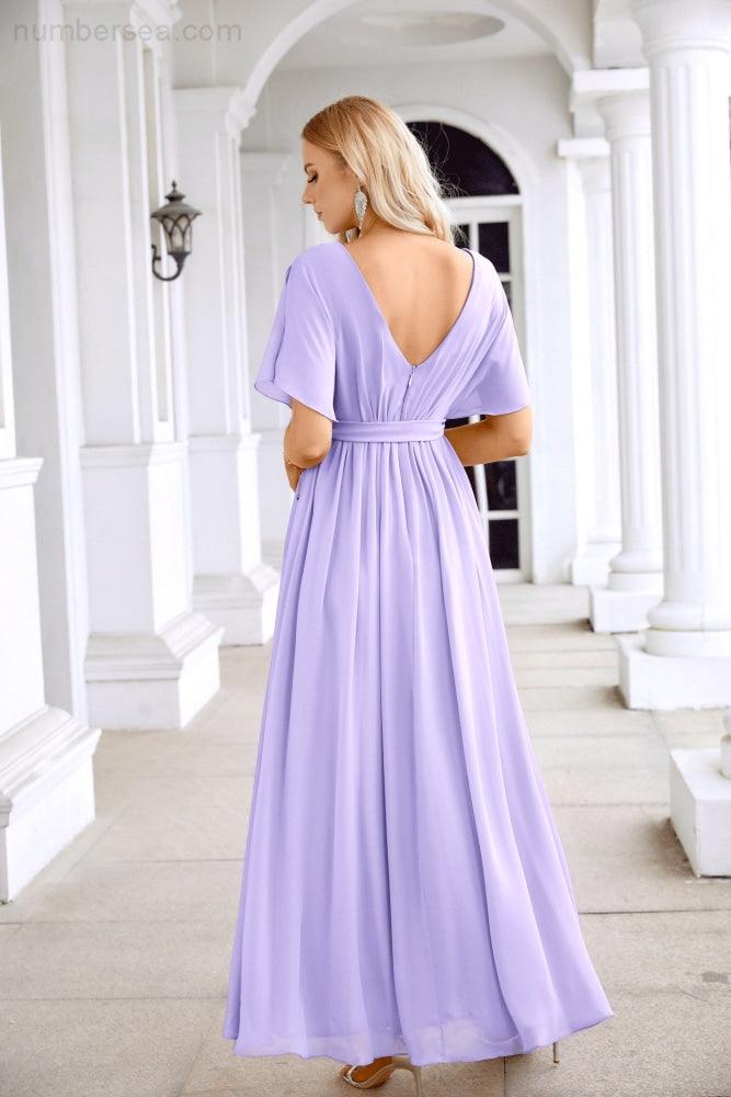 Robe de soirée longue jusqu'au sol pour demoiselle d'honneur, manches en mousseline, encolure ronde, fente avant, pour mariage et fête 28124