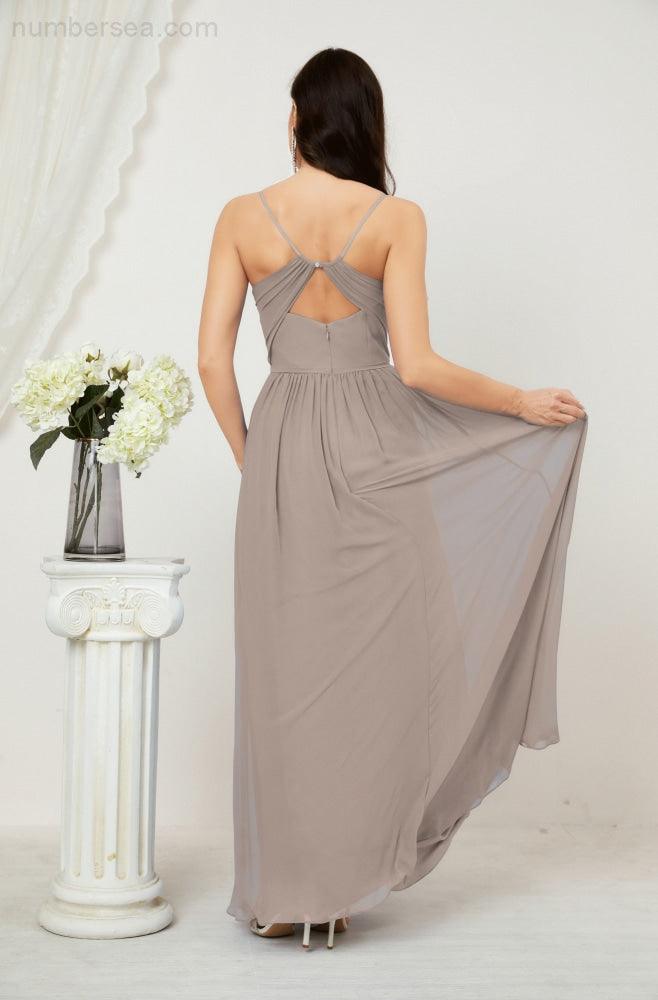 Neck Bridesmaid Dresses Chiffon Long Spaghetti A-line Formal Prom Gown for Wedding Party Evening 2801