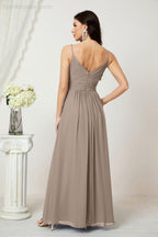 Chiffon V-Neck Bridesmaid Dress Spaghetti Strap Long Formal Party Prom Gowns with Slit 28010