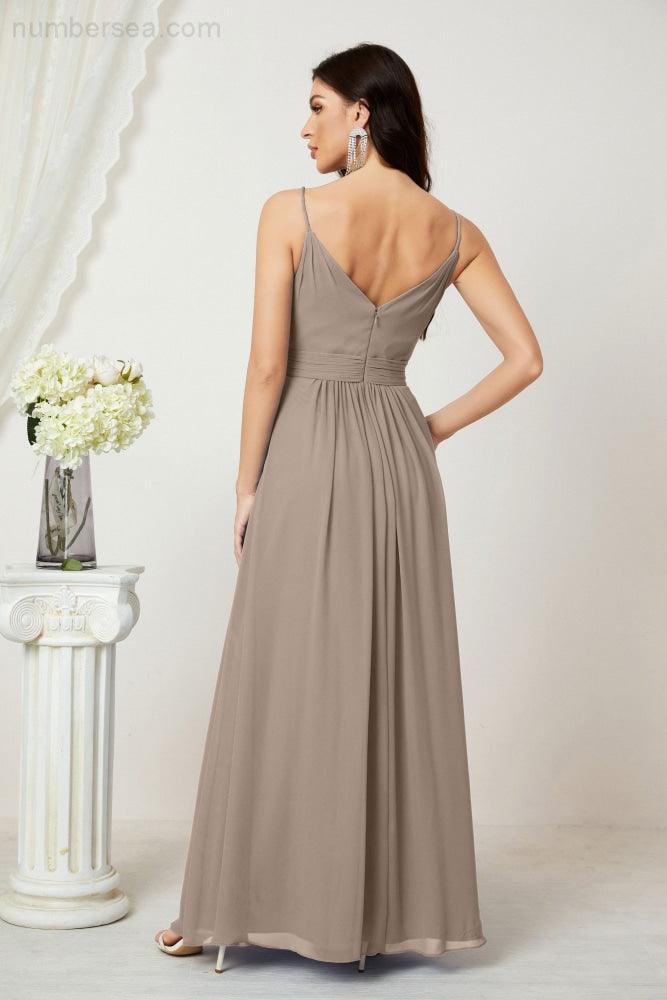 Chiffon V-Neck Bridesmaid Dress Spaghetti Strap Long Formal Party Prom Gowns with Slit 28010
